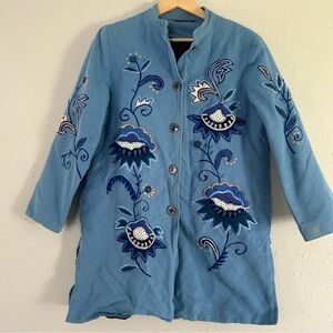Indigo Moon Powder Blue Embroidered Floral Jacket Casual Vintage Unique Large